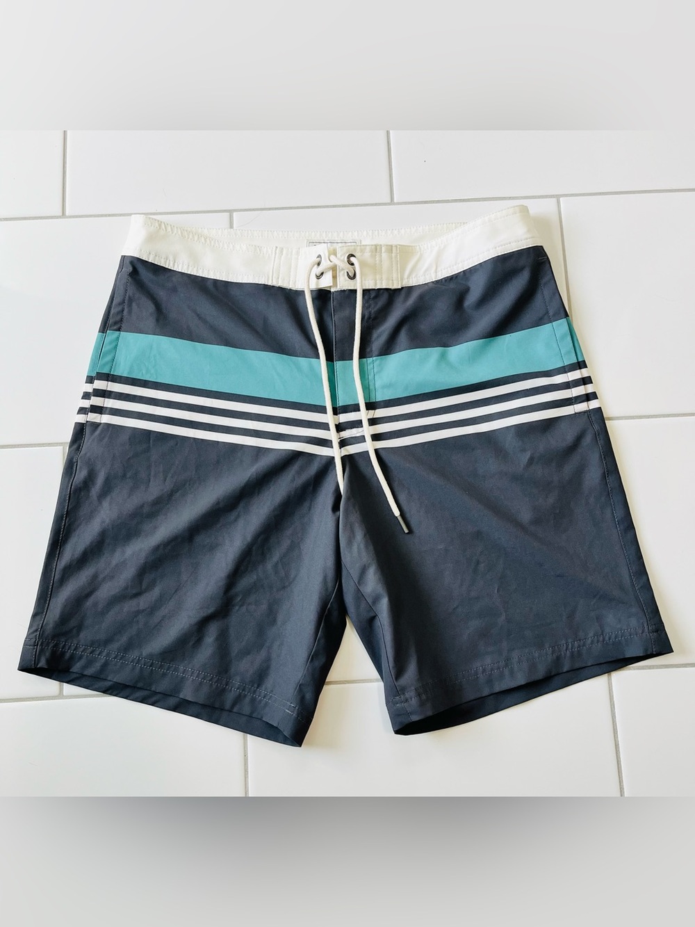 American Eagle Outfitters Navy Swim Shorts with Teal Stripe and White Waist